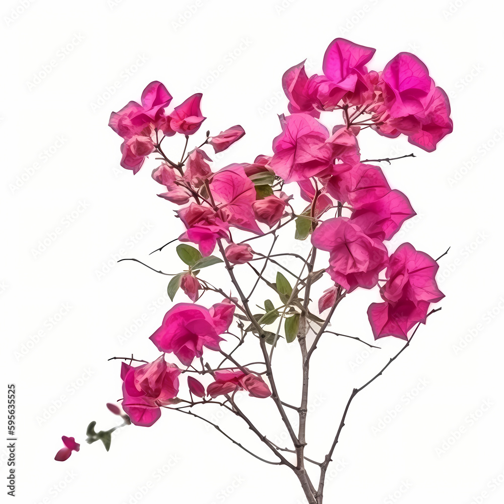 Fototapeta premium Blooming branches, pink red-purple flowers, and inflorescence of bougainvillea isolated on white background