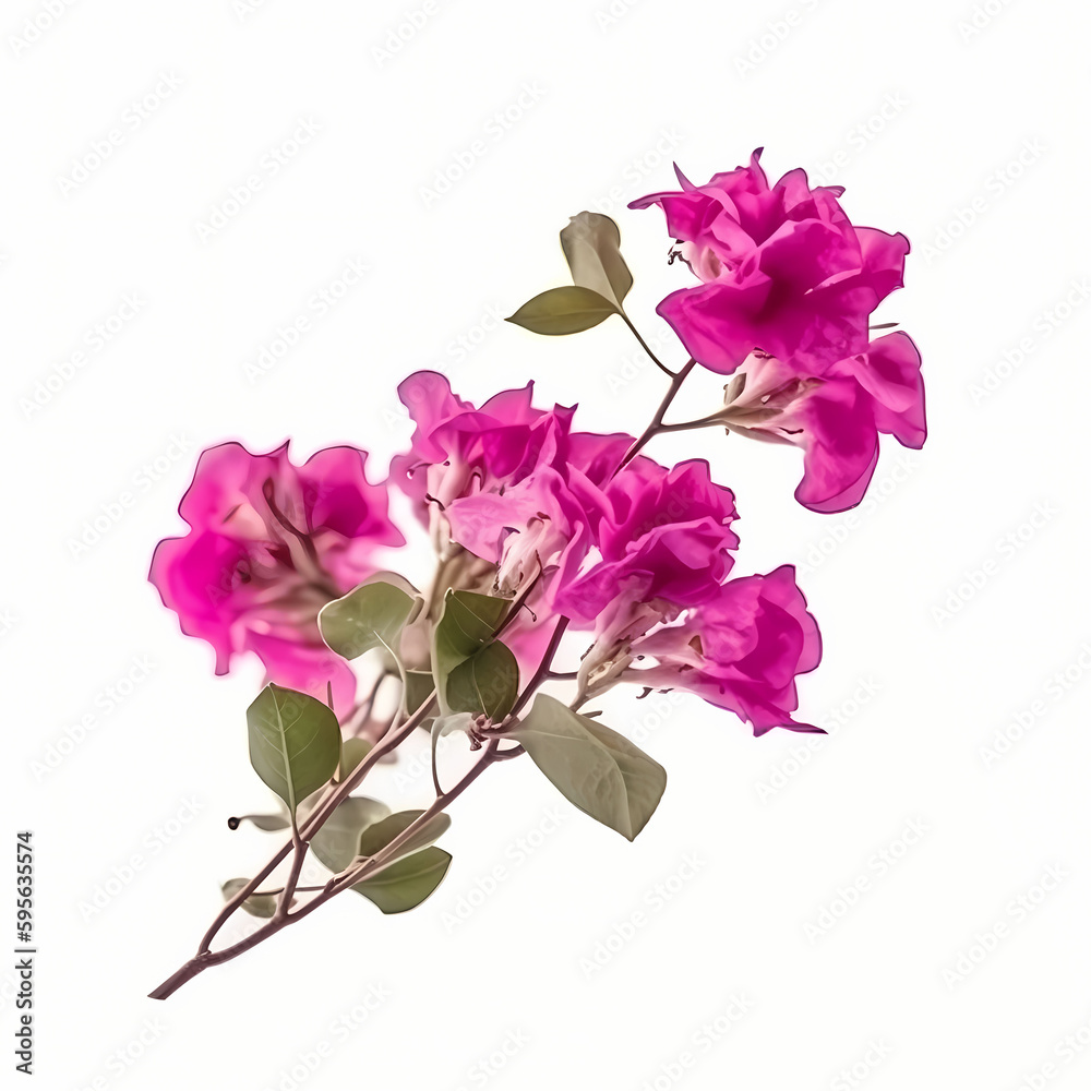 Blooming branches, pink red-purple flowers, and inflorescence of bougainvillea isolated on white background