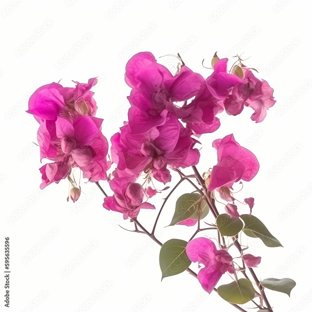 Blooming branches, pink red-purple flowers, and inflorescence of bougainvillea isolated on white background Blooming branches, pink red-purple flowers, and inflorescence of bougainvillea isolated on white background