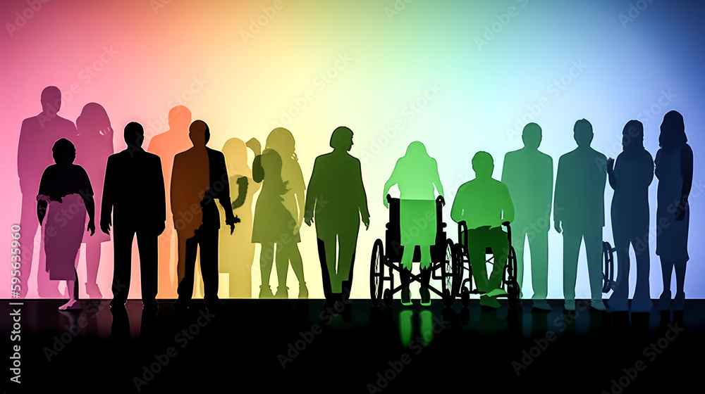 The silhouettes of an inclusive business group were portrayed in a rainbow image. - generative ai