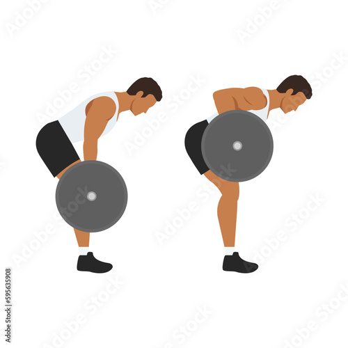 Man doing barbell bent over row exercise from side view.
