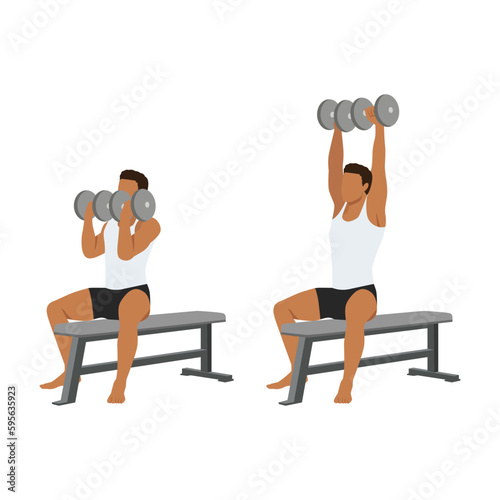 Man doing seated Arnold press on a bench exercise. Flat vector