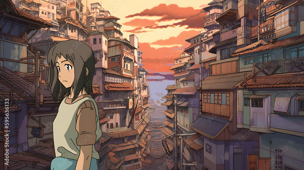 Naklejka premium Futuristic Anime Girl in an Asian Metropolis