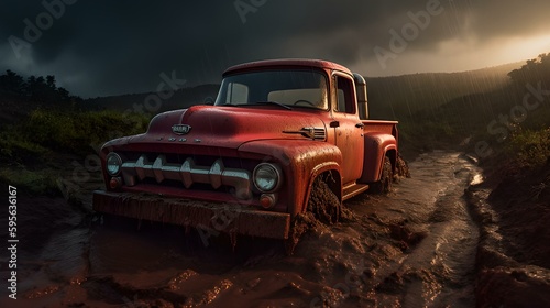 An old rusty red pickup truck mangled and crushed at the bottom of a deep muddy ditch © Salman Afzal