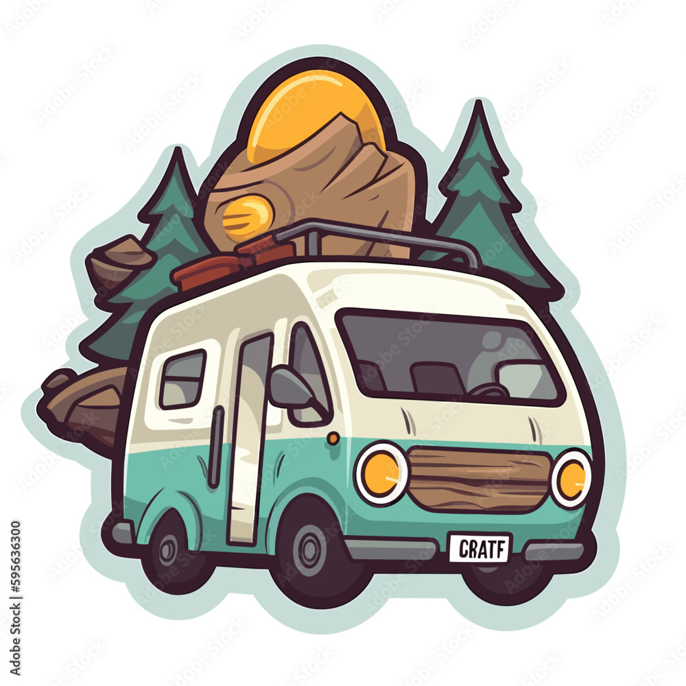 Summer holidays and camping. Travel by caravan for adventure. Family trip. Cartoon vector illustration. label, sticker, t-shirt printing