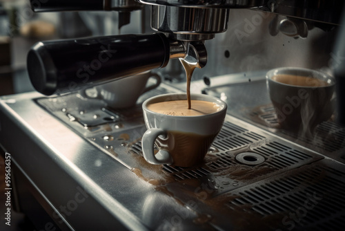 Coffee maker brewing a steaming cup of latte, with its high-quality ingredients and smooth milk foam ensuring a relaxing and enjoyable coffee break. AI Generative