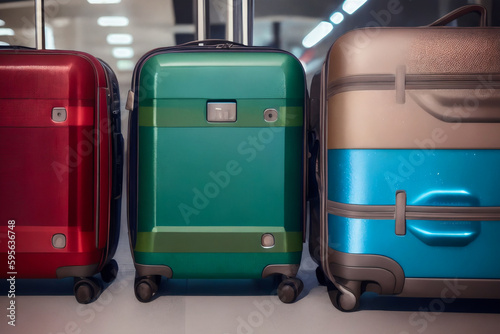 Colorful bright suitcases in the airport waiting room. Travel concept. Generative AI