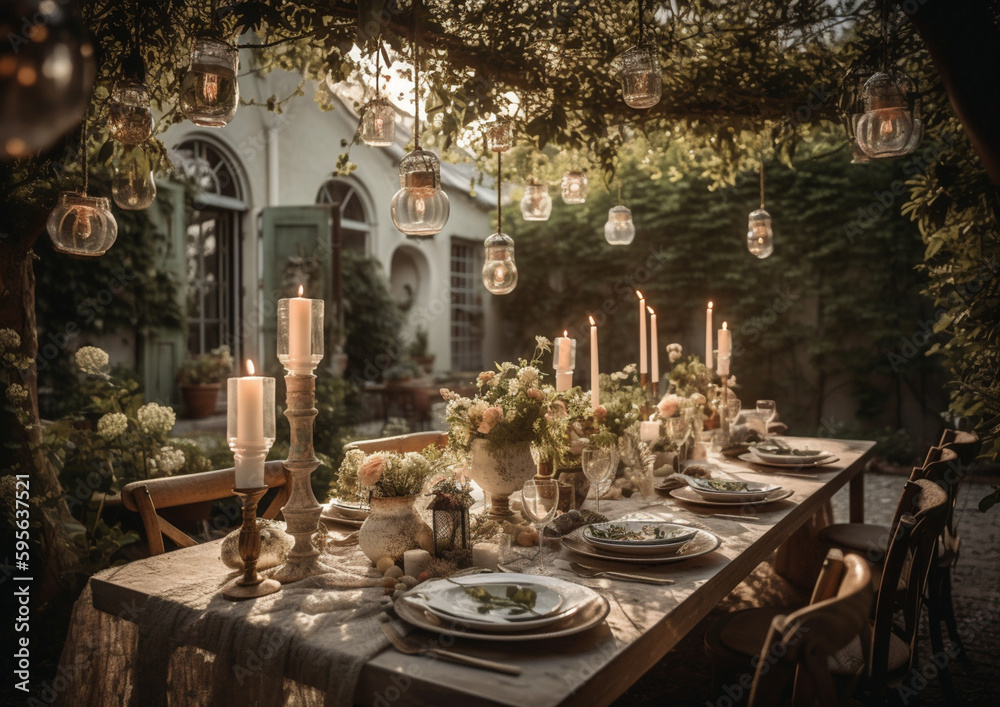 romantic elegant  wedding table, decorated festive table outdoor , summer spring , generative ai
