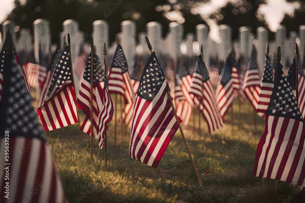 American flags at the cemetery, Veterans Memorial Day, Generative AI