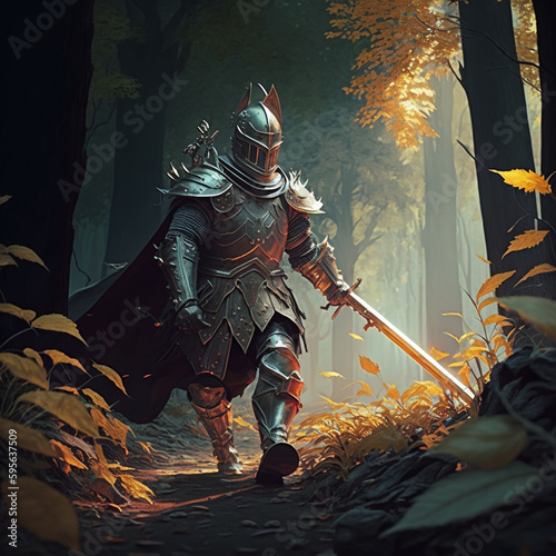 Armored knight wandering in the woods｜Generative AI