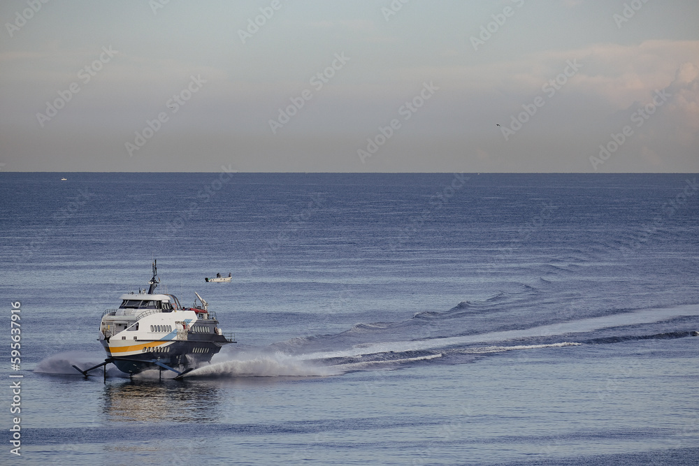 Naklejka premium Passenger pax cargo car roro ro-ro ferry boat vessel cruiseship cruise ship liner at sea with blue sky