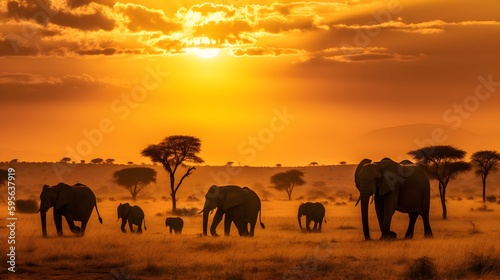 A family of elephants strolling through the vast plains
