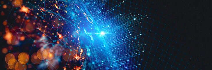 Communication technology for internet business. Global world network and telecommunication on earth cryptocurrency and blockchain and IoT. Elements of this image furnished by NASA