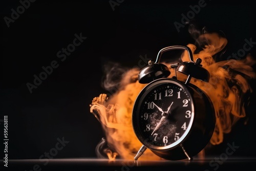 Running out of time. Old alarm clock on fire with lots of flame and smoke. Stress and anxiety. Generative AI