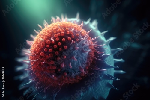 Infection and disease concept. 3D render of virus entering cell membrane. Generative AI