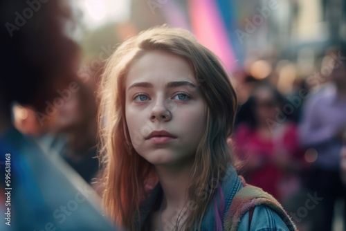 Wallpaper Mural LGBT youth concept. Young bisexual female during pride parade with flag on the background. Generative AI Torontodigital.ca