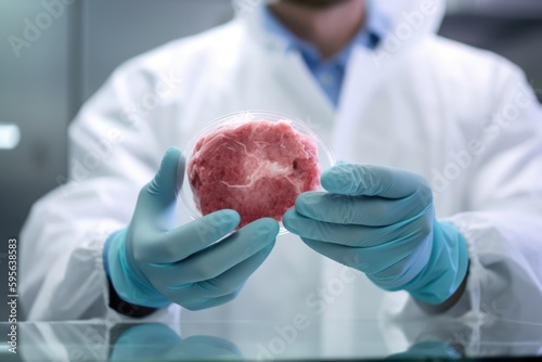 Scientist with lab coat holding artifical meat grown in a laboratory. Generative AI photo