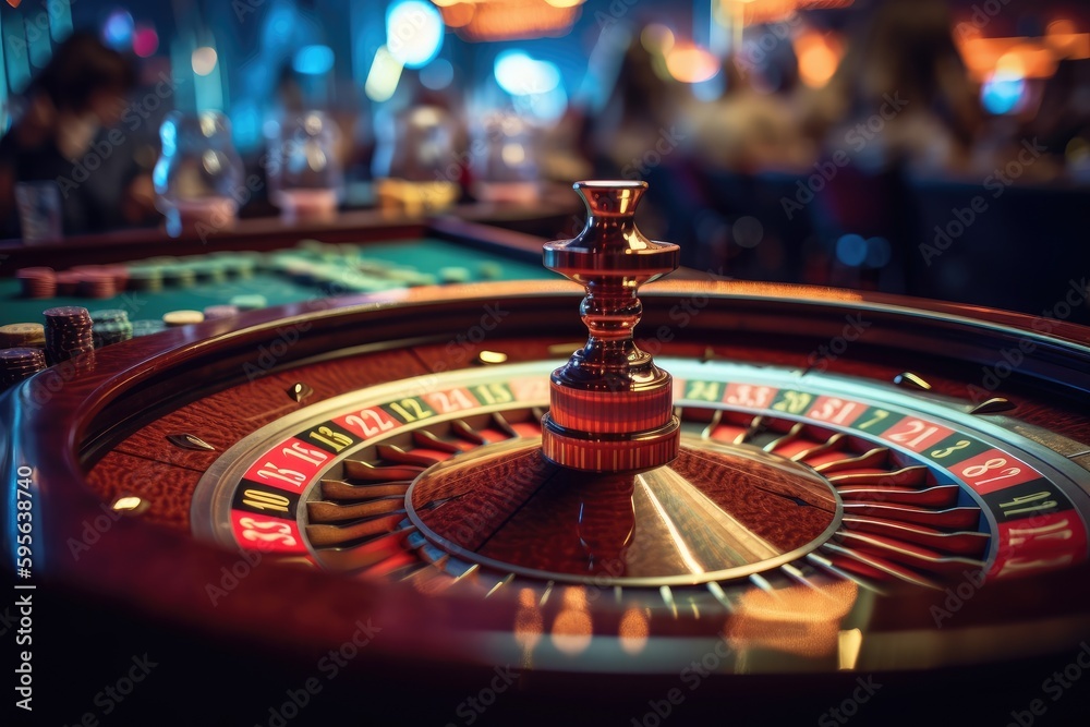 Roulette wheel, in the middle of the table on the casino table. Generative AI Roulette wheel, in the middle of the table on the casino table. Generative AI
