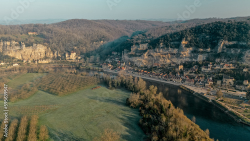 Village of La Roque-Gageac wide aerial view  Dordogne - France