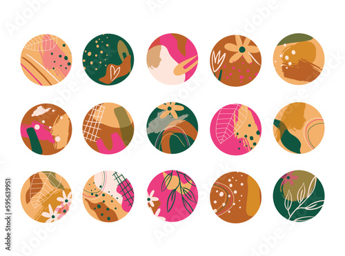 Round texture and abstract icons for social media story. Set of various vector highlight covers. Trendy backgrounds. Stories highlights backgrounds for lifestyle, travel and beauty bloggers.