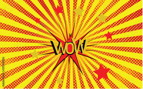 Wow text with pop art sunburst background, vector art illustration