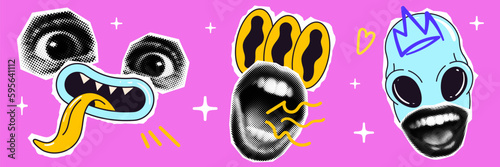 Trendy collage elements set. Woman's eyes and lips. Alien character. Halftone and psychedelic cartoon elements. Contemporary y2k pop style. Vector illustration.