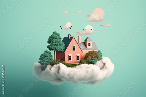 abstract cartoon house on a cloud
