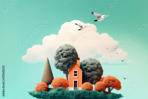 abstract cartoon house on a hill