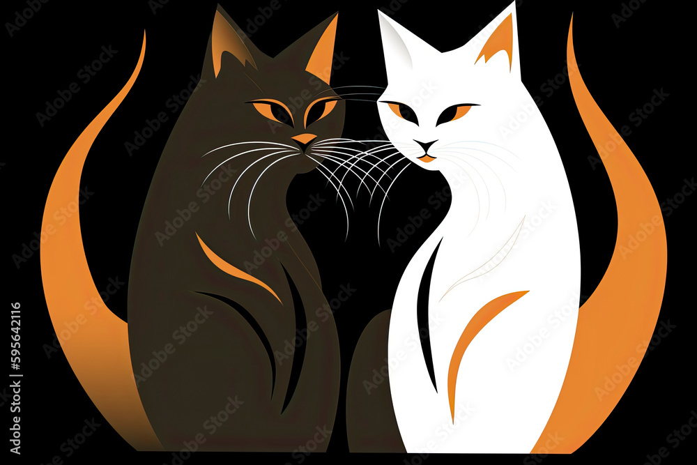 Obraz premium cartoon couple of cats with white hair, in the style of dark bronze and orange, elegant use of negative space