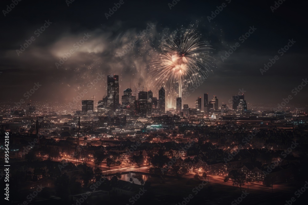 Fototapeta premium fireworks over city created with Generative AI technology