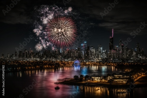 fireworks over city reflecting on water created with Generative AI technology
