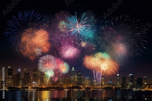 Fireworks Show Illuminating the City Skyline created with Generative AI technology