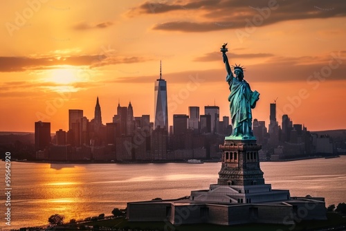Skyline of Manhattan during sunset in New York with the big Statue of Liberty created with generative AI technology.
