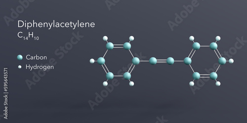 diphenylacetylene molecule 3d rendering, flat molecular structure with chemical formula and atoms color coding photo