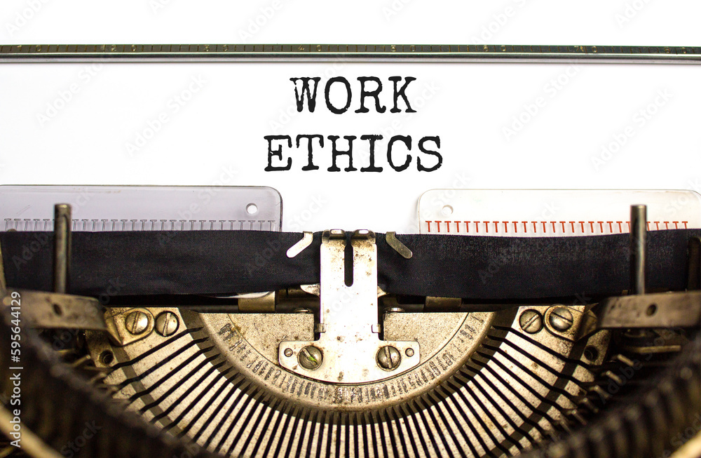 Work ethics symbol. Concept words Work ethics typed on beautiful old retro typewriter. Beautiful white background. Business and Work ethics concept. Copy space.