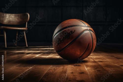 Large leather basketball resting on wooden floor. Generative AI © Gabriela
