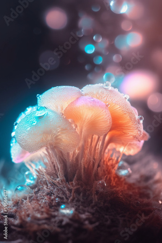potato close-up of glossy sparkly Hericium mushroom magical , Generative AI