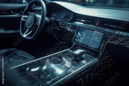 Close-up of automotive communication components, such as sensors, antennas, onboard computers, emphasizing the importance of these items in enhancing vehicle connectivity and safety. Generative AI © bluebeat76