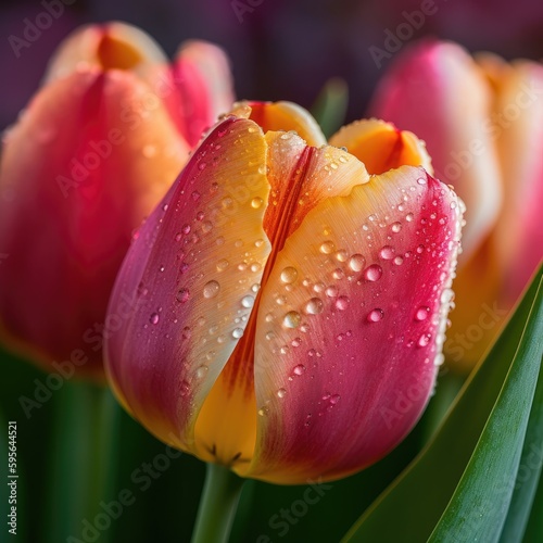 A close-up photograph of vibrant tulips covered in morning dew  highlighting their vivid colors and delicate textures.