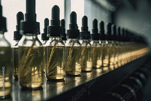 CBD Oil bottles on a production line inside a hydroponic farm. Surrounded by cannabis plants.