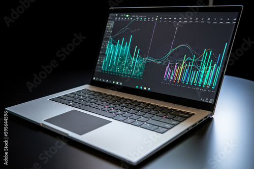 Laptop on black desk showing data streams