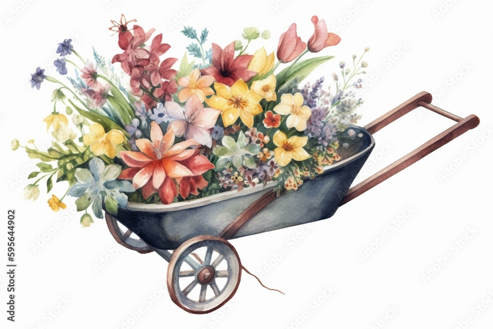 Vintage watercolor clipart of a spring wheelbarrow filled with flowers, available as a transparent PNG for sublimation. Generative AI