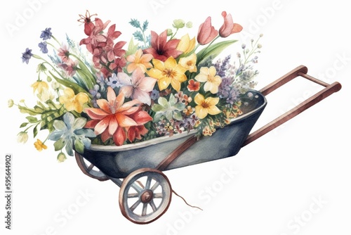 Vintage watercolor clipart of a spring wheelbarrow filled with flowers, available as a transparent PNG for sublimation. Generative AI