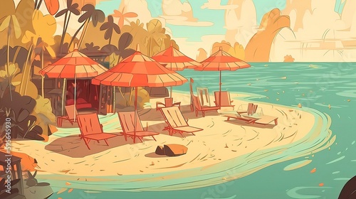 Tropical island with chairs umbrella and sunbathing illustration. Generative AI
