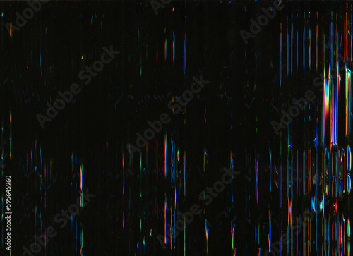 Glitch overlay. Distressed screen. Analog noise. Orange blue color artifacts dust scratches texture on dark black illustration abstract background.