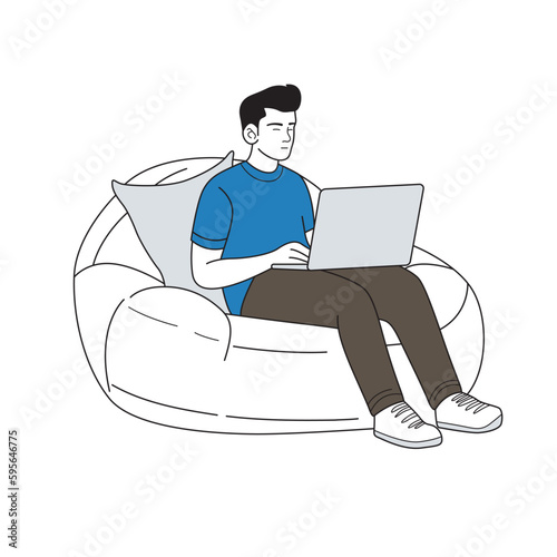 A man is sitting on a bean bag chair with a laptop using internet for work flat line art.