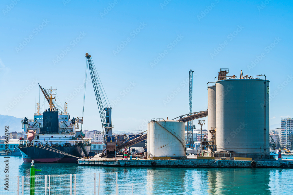 Industrial Port of Malaga, Spain. Bulk carrier in dry bulk terminal, near cement bunkers