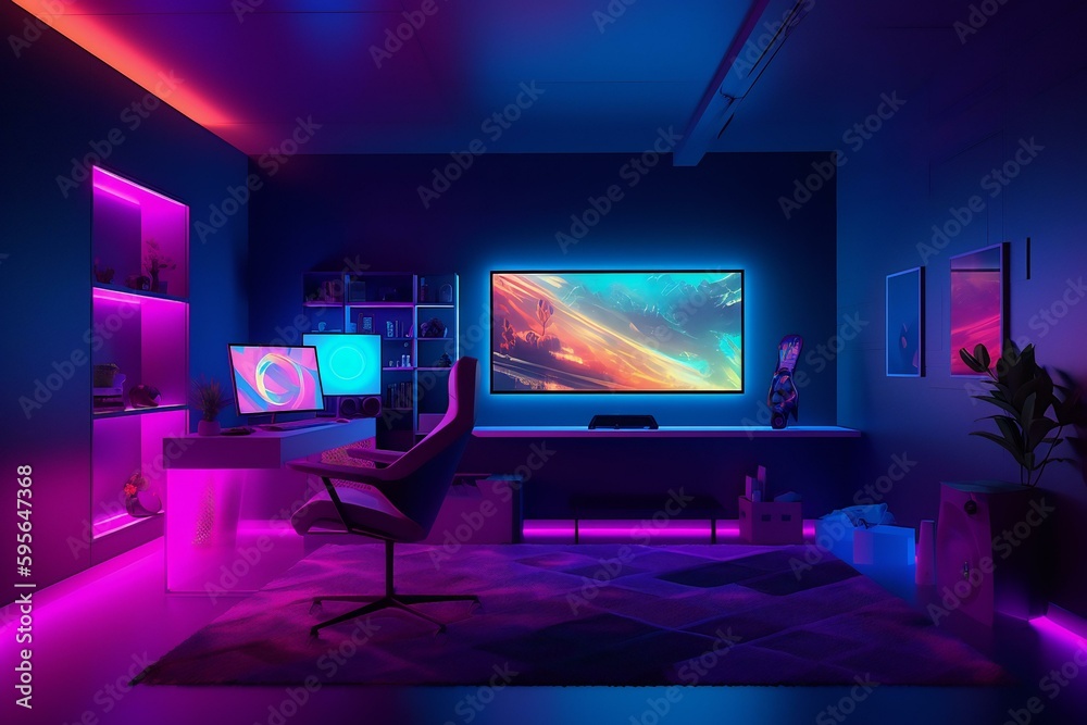 Gamer room with RGB lights, neon colors. Gamer Streamer space. Modern workspace with computer on the desk. Generative AI. Gamer room with RGB lights, neon colors. Gamer Streamer space. Modern workspace with computer on the desk. Generative AI.