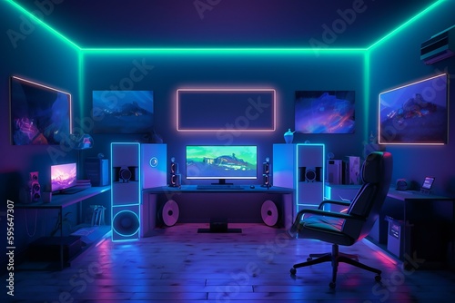 Gamer room with RGB lights  neon colors. Gamer Streamer space. Modern workspace with computer on the desk. Generative AI.