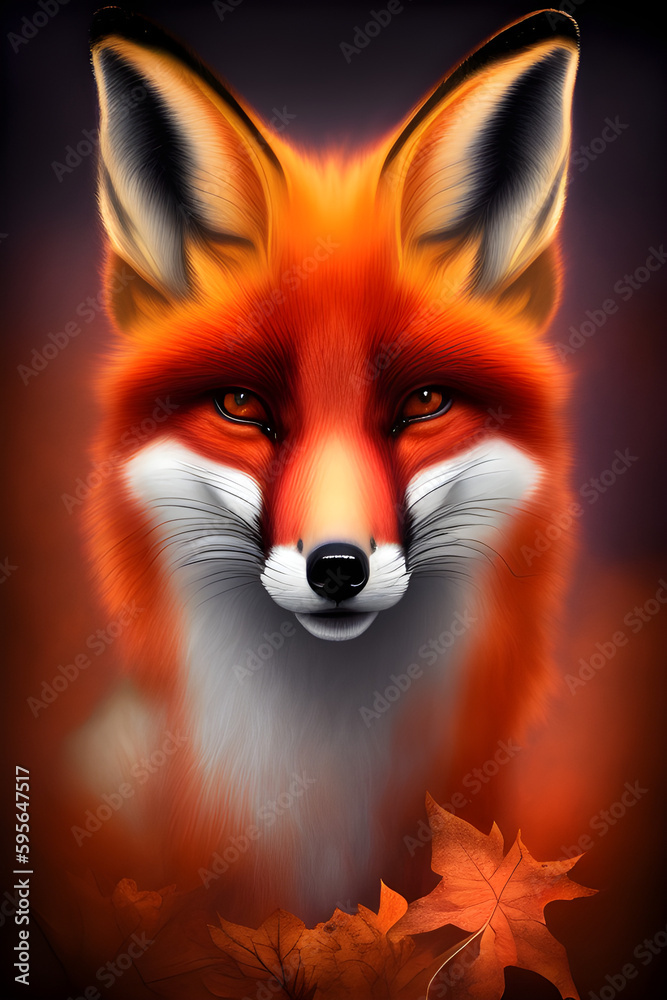 Obraz premium Autumn portrait of a red fox on a dark background with autumn foxes and paraphernalia. The head of a beautiful forest animal. Smart look of a dodgy fox, a skillful predator and an elegant animal, gene